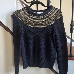 J Crew 🔥 The Reeds Navy Gold Cotton Blend Sparkly Fair Isle Pullover Sweater